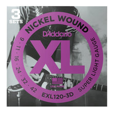 D'Addario EXL120-3D XL Nickel Wound Electric Guitar Strings, Super Light, 9-42 Gauge, 3-Pack