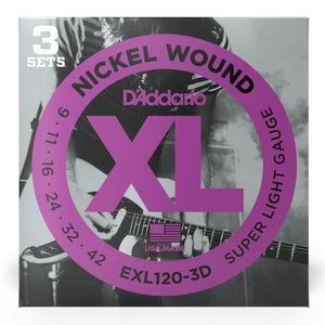 D'Addario EXL120-3D XL Nickel Wound Electric Guitar Strings, Super Light, 9-42 Gauge, 3-Pack