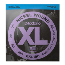 D'Addario EXL190 XL Nickel Wound Electric Bass Strings, Custom Light, Long Scale, 40-100 Gauge