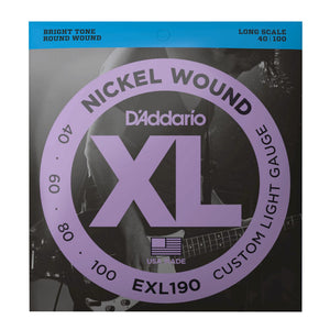 D'Addario EXL190 XL Nickel Wound Electric Bass Strings, Custom Light, Long Scale, 40-100 Gauge
