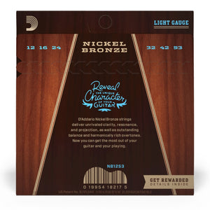 D’Addario NB1253 Nickel Bronze Acoustic Guitar Strings, Regular Light, 12-53 Gauge