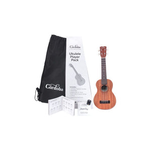 Cordoba Concert Ukulele Player Pack - Mahogany Top, Mahagony Back & Sides with Gig Bag, Instructional Book, and Strings