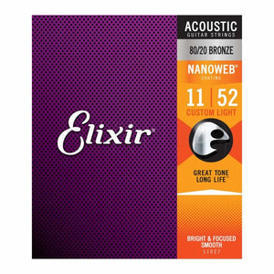 Elixir 11027 Nanoweb 80/20 Bronze Acoustic Guitar Strings 11-52