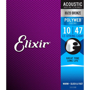 Elixir 11150 Polyweb Light 80/20 Bronze 12-String Acoustic Guitar Strings 10-47