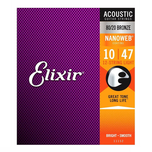 Elixir 11152 Nanoweb Light 80/20 Bronze 12-String Acoustic Guitar Strings 10-47
