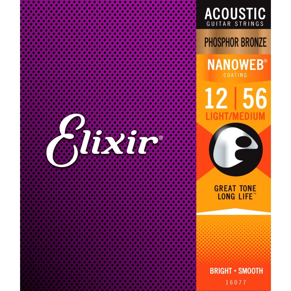 Elixir 16077 Nanoweb Phosphor Bronze Acoustic Guitar Strings 12-56