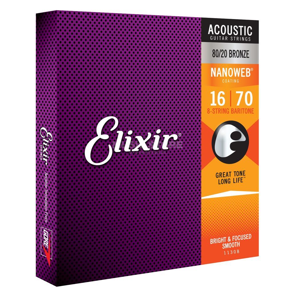 Elixir 11308 Nanoweb 80/20 8-String Baritone Acoustic Guitar Strings 16-70