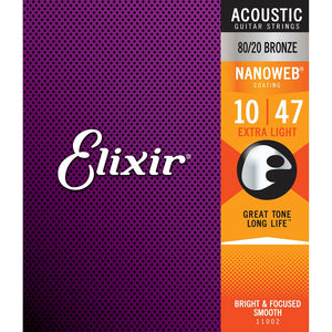 Elixir 11002 Nanoweb 80/20 Bronze Acoustic Guitar Strings 10-47