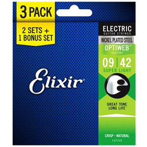 Elixir 16550 Optiweb Super Light Electric Guitar Strings, 9-42, 3-Pack