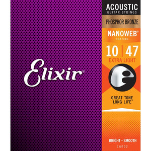 Elixir 16002 Nanoweb Phosphor Bronze Acoustic Guitar Strings 10-47