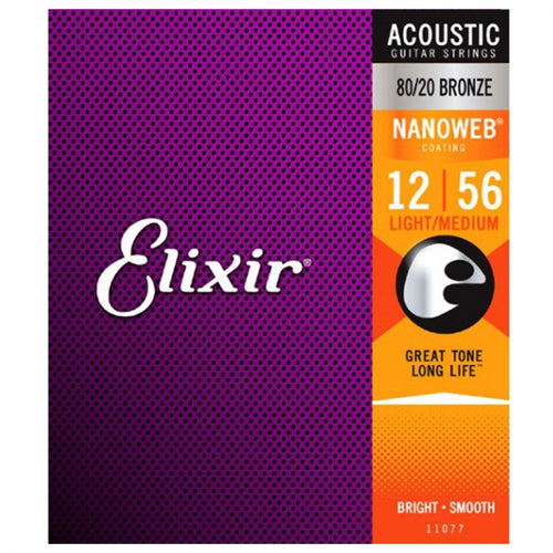 Elixir 11077 Nanoweb 80/20 Bronze Light-Medium Acoustic Guitar Strings 12-56