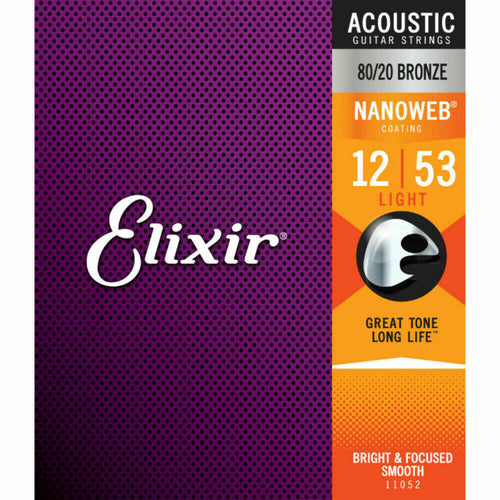 Elixir 11052 Nanoweb 80/20 Bronze Acoustic Guitar Strings 12-53