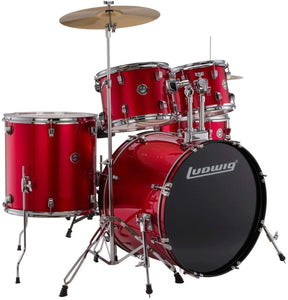 Ludwig LC16514 Accent Drive 5-Piece Drums Set w/Hardware+Throne+Cymbal, Red Foil
