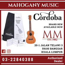 Cordoba Concert Ukulele Player Pack Mahogany Top, Mahogany Back & Sides with Gig Bag, Instructional Book, and Strings
