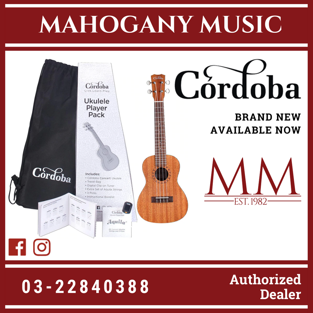Cordoba Concert Ukulele Player Pack - Mahogany Top, Mahogany Back & Sides with Gig Bag, Instructional Book, and Strings