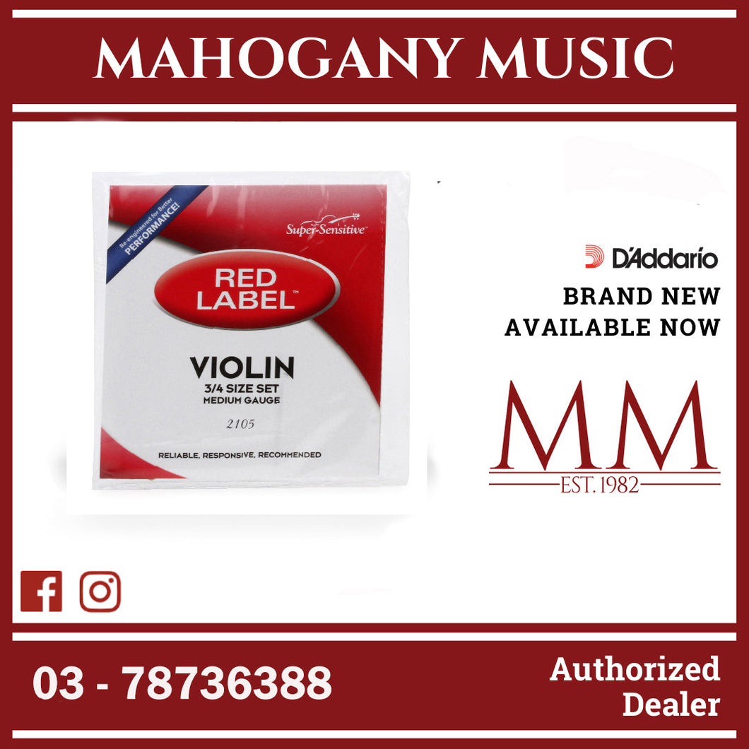 D'Addario 2105 Red Label Violin String Set, 3/4 Scale, Medium Tension