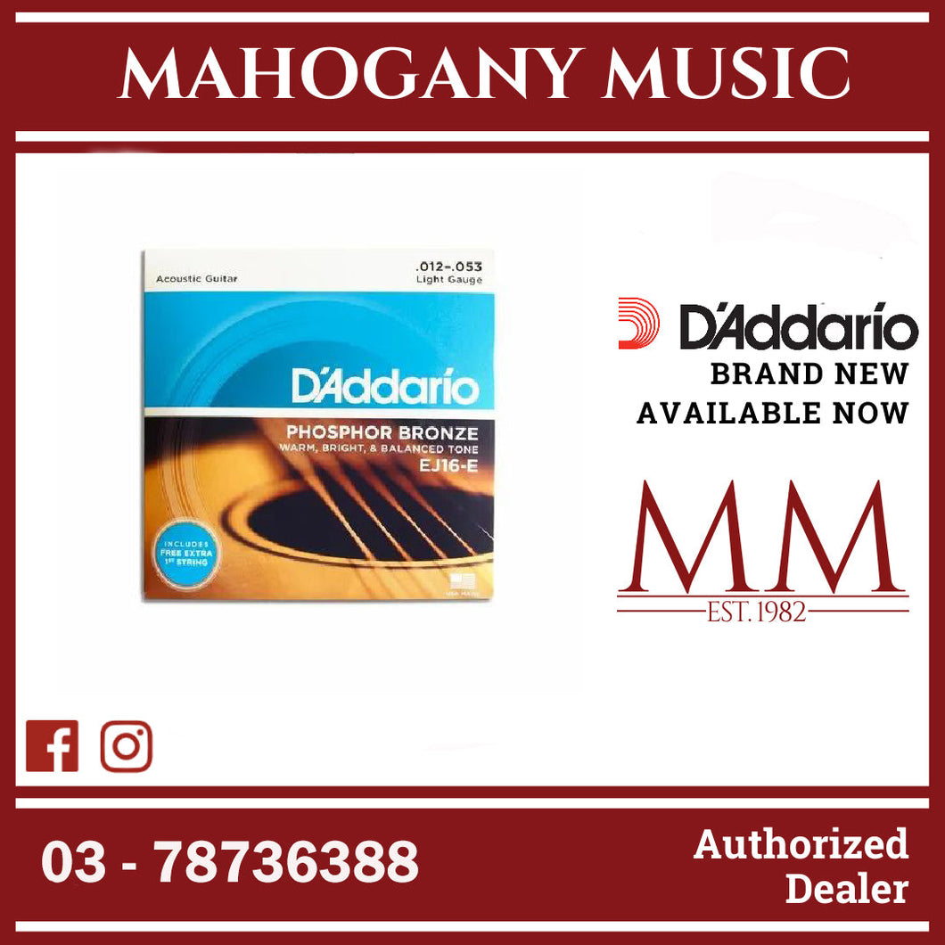 D'Addario EJ16-E Phosphor Bronze Acoustic Guitar Strings, Light, 12-53 Gauge