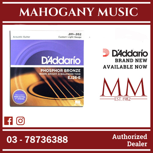 D'Addario EJ26-E Phosphor Bronze Acoustic Guitar Strings, Custom Light, 11-52 Gauge, FREE Extra 1st String