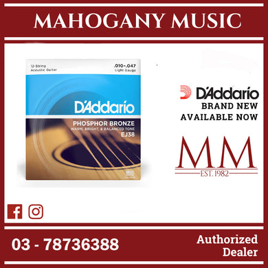 D'Addario EJ38 Phosphor Bronze 12-String Acoustic Guitar Strings, Light, 10-47 Gauge
