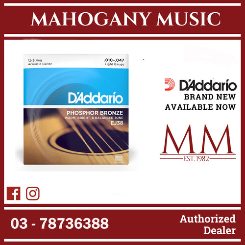 D'Addario EJ38 Phosphor Bronze 12-String Acoustic Guitar Strings, Light, 10-47 Gauge