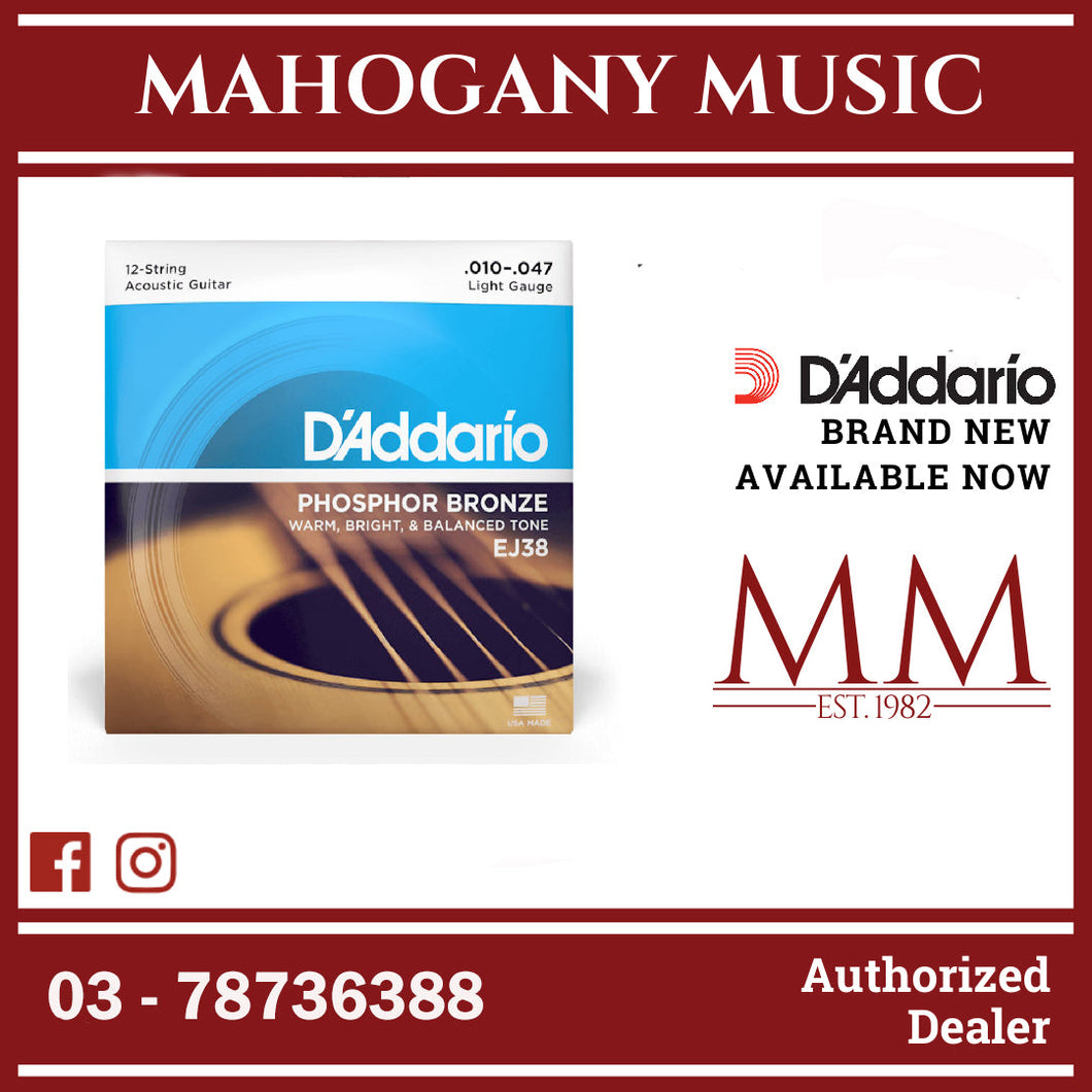 D'Addario EJ38 Phosphor Bronze 12-String Acoustic Guitar Strings, Light, 10-47 Gauge