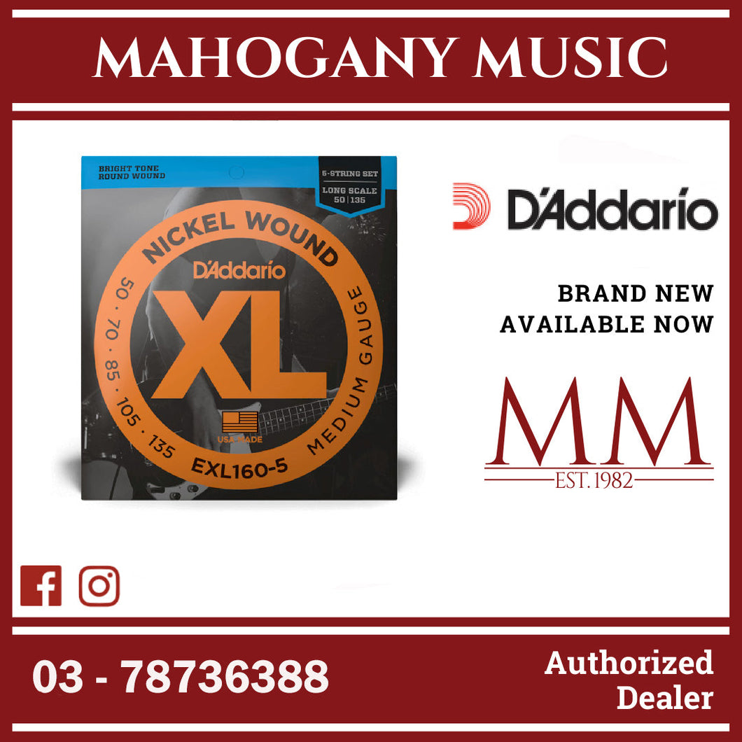 D’Addario EXL160-5 XL Nickel Wound 5-String Electric Bass Strings, Medium, Long Scale, 50-135 Gauge