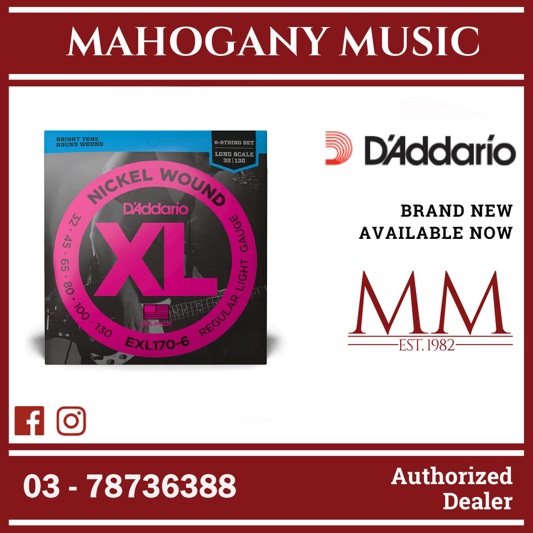D’Addario EXL170-6 XL Nickel Wound 6-String Electric Bass Strings, Regular Light, Long Scale, 32-130 Gauge