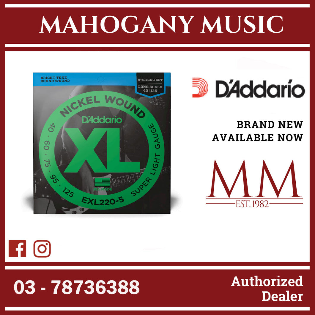 D’Addario EXL220-5 XL Nickel Wound 5-String Electric Bass Strings, Super Light, Long Scale, 40-125 Gauge