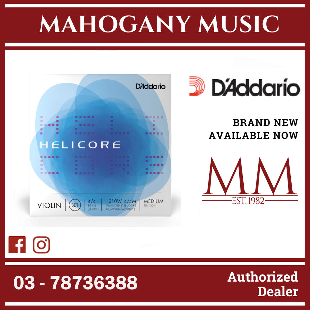 D’Addario H310W 4/4M Helicore Violin String Set with Wound E, 4/4 Scale, Medium Tension