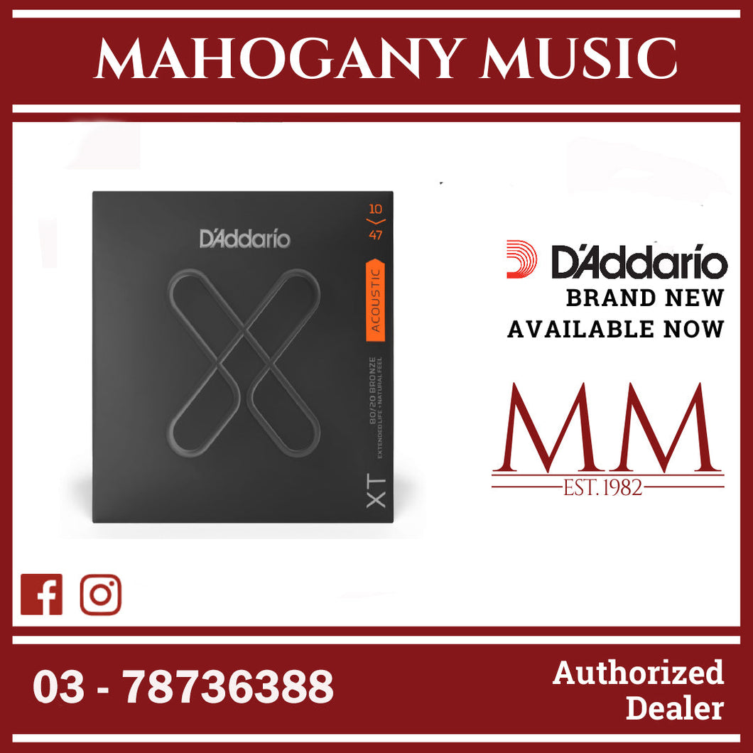 D'Addario XTABR1047 XT 80/20 Bronze Coated Acoustic Guitar Strings, Extra Light, 10-47 Gauge