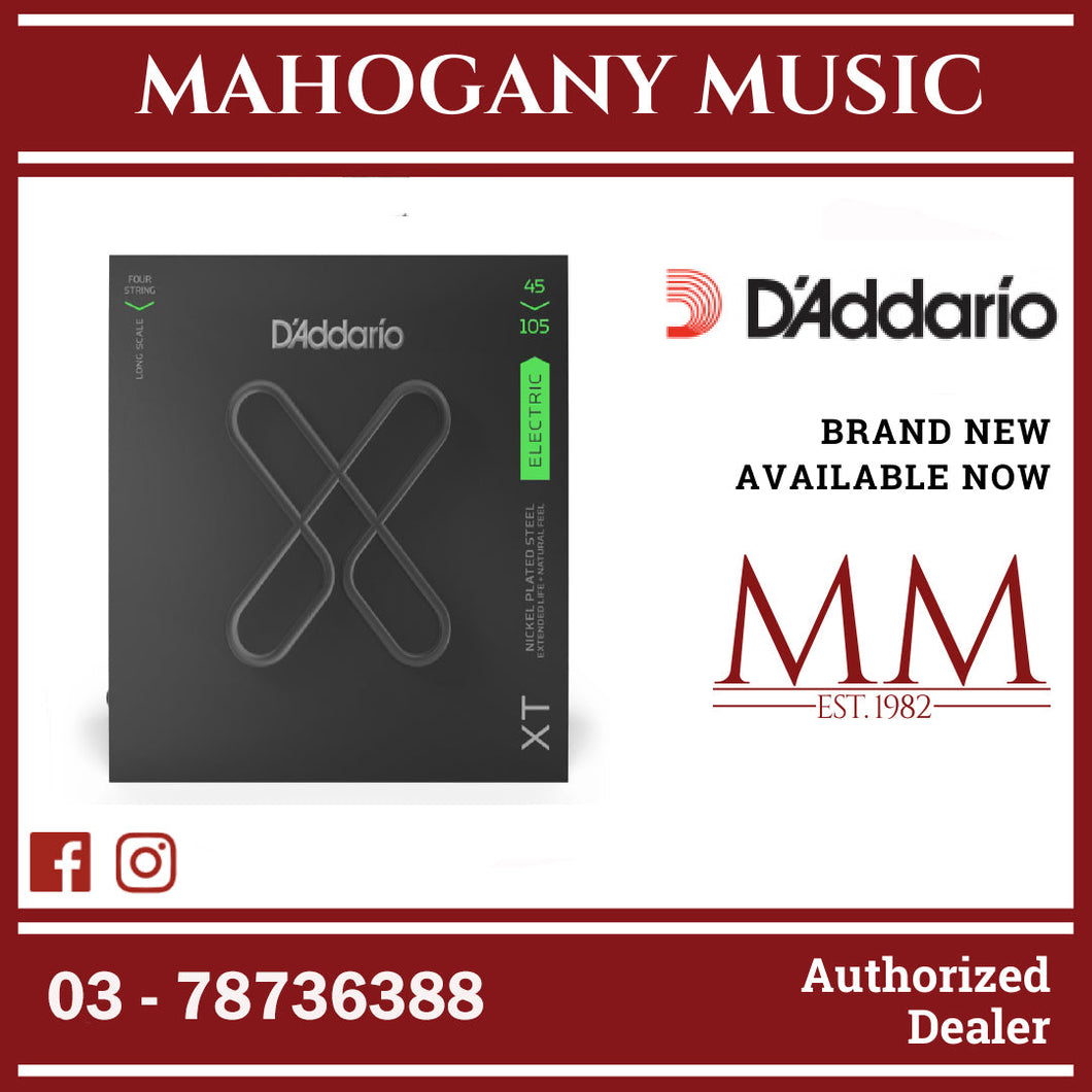 D’Addario XTB45105 XT Nickel Plated Steel Coated Electric Bass Strings, Regular Light Top/Medium Bottom, Long Scale, 45-105 Gauge