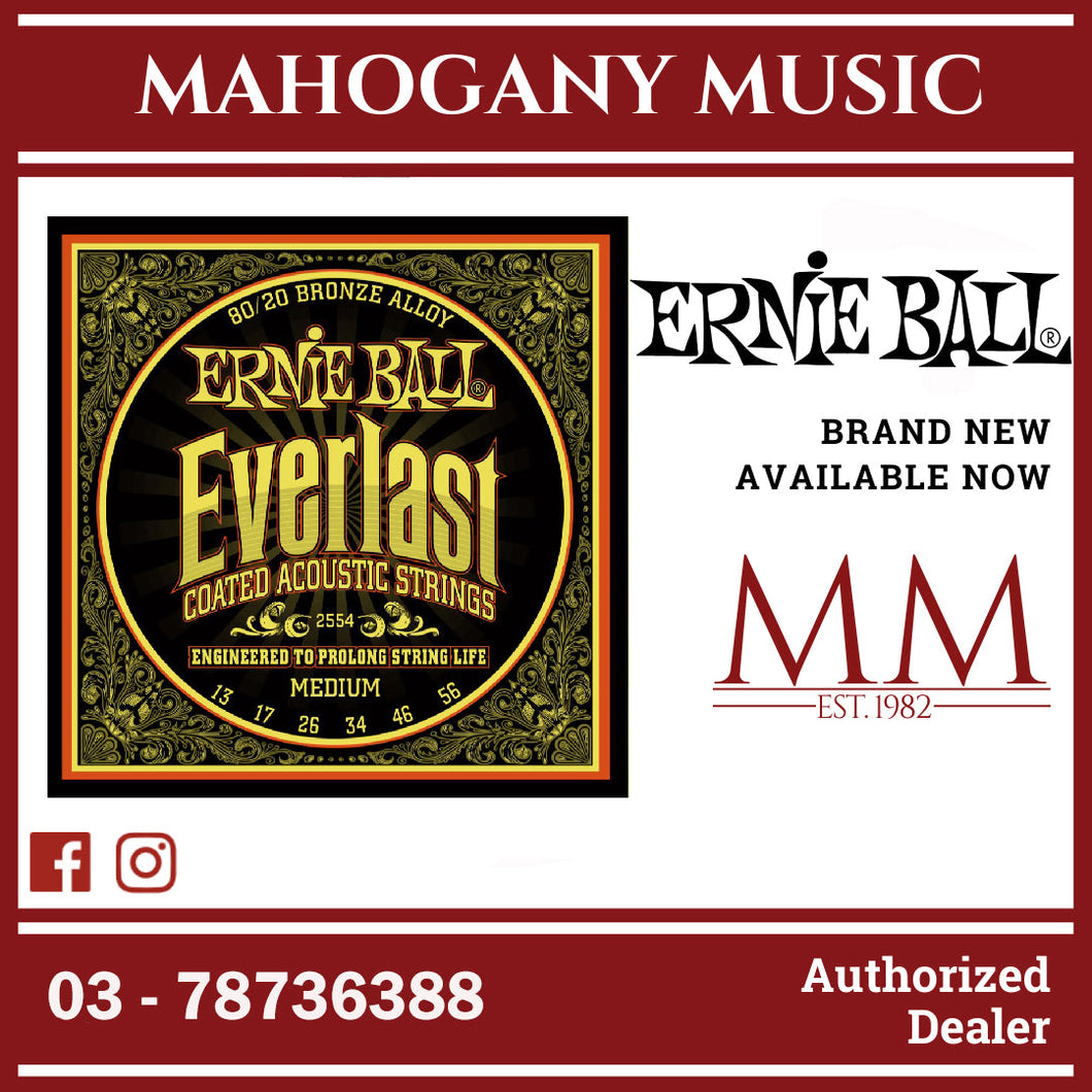 Ernie Ball P02554 Everlast Coated 80/20 Bronze Acoustic Guitar Strings, Medium, 13-56 Gauge