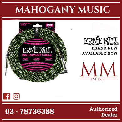 Ernie Ball P06077 Braided Straight to Right Angle Instrument Cable, Black & Green, 10ft