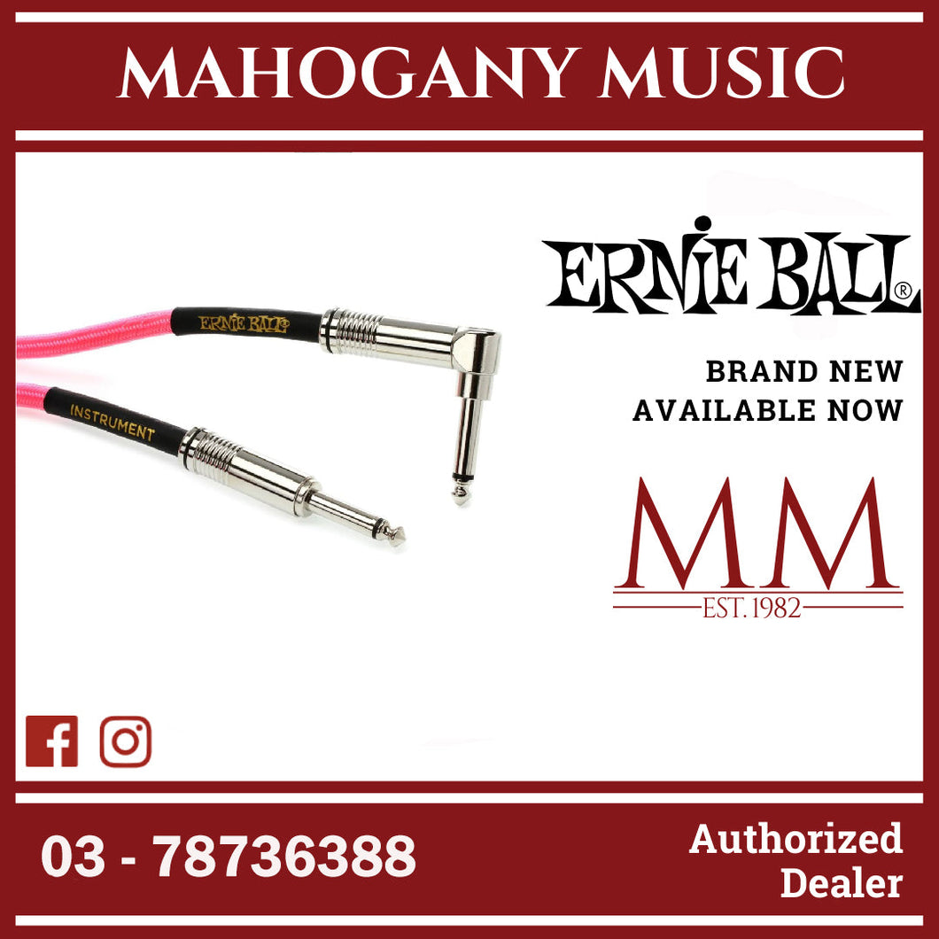 Ernie Ball P06083 Braided Straight to Right Angle Instrument Cable, Neon Pink, 18ft