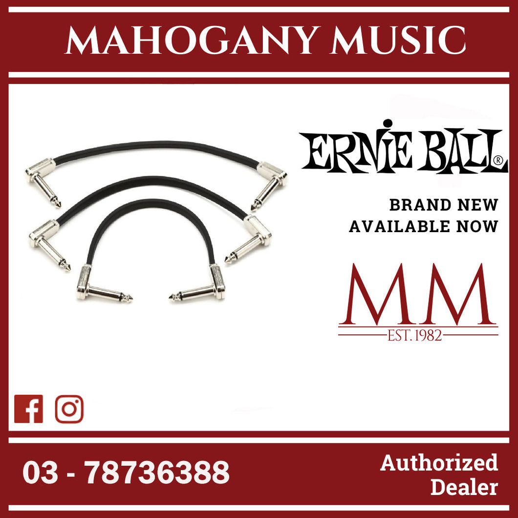 Ernie Ball P06221 Flat Ribbon Pedalboard Patch Cable, Right Angle to Right Angle, Black, 6-inch, 3-Pack