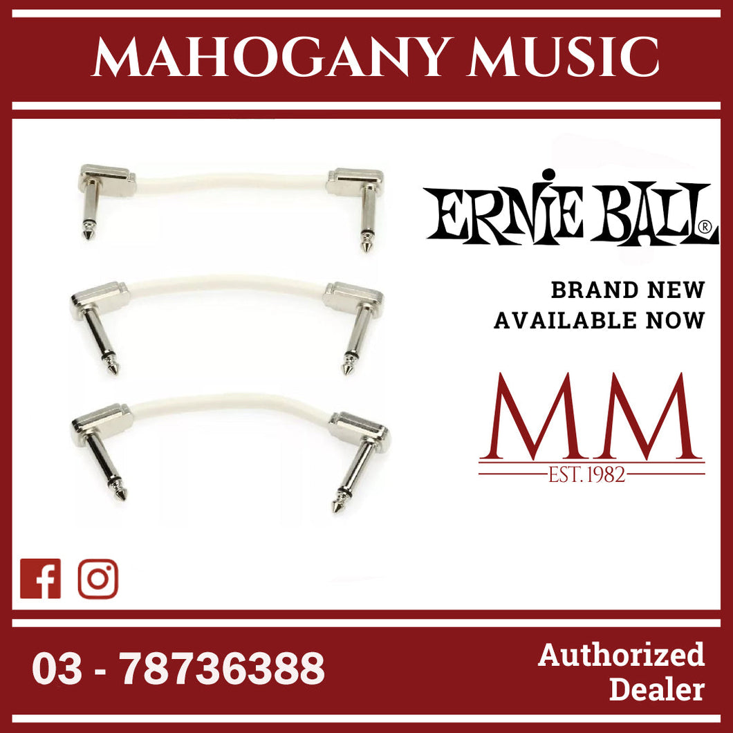 Ernie Ball P06384 Flat Ribbon Pedalboard Patch Cable, Right Angle to Right Angle, White, 3 inch, 3-Pack