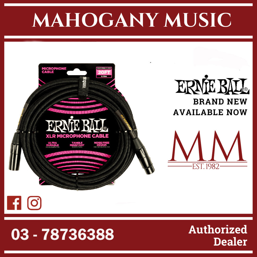 Ernie Ball P06392 Braided XLRM-XLRF Microphone Cable, 20′, Black