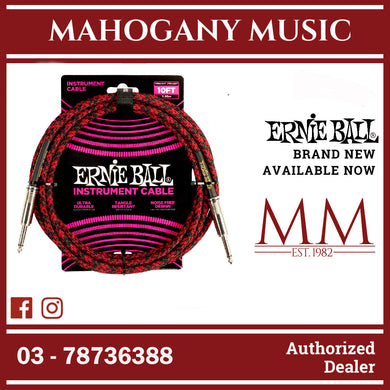 Ernie Ball P06394 Braided Straight to Straight Instrument Cable, Red Black, 10ft