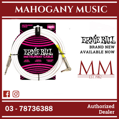 Ernie Ball P06400 PVC Straight to Right Angle Instrument Cable, White, 15ft