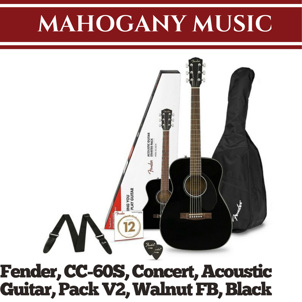 Fender CC-60S Concert Acoustic Guitar Pack V2, Walnut FB, Black