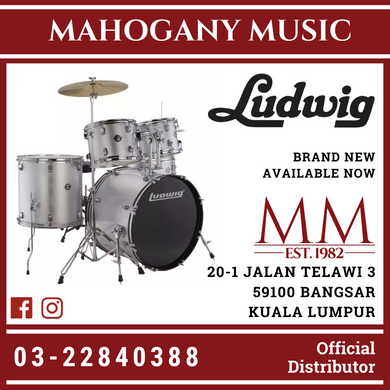 Ludwig LC16515 Accent Drive 5-Piece Drums Set w/Hardware+Throne+Cymbal, Silver Foil