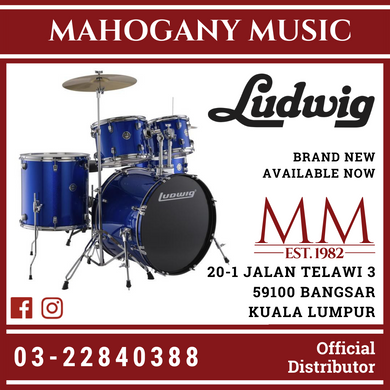 Ludwig LC16519 Accent Drive 5-Piece Drums Set w/Hardware+Throne+Cymbal, Blue Foil