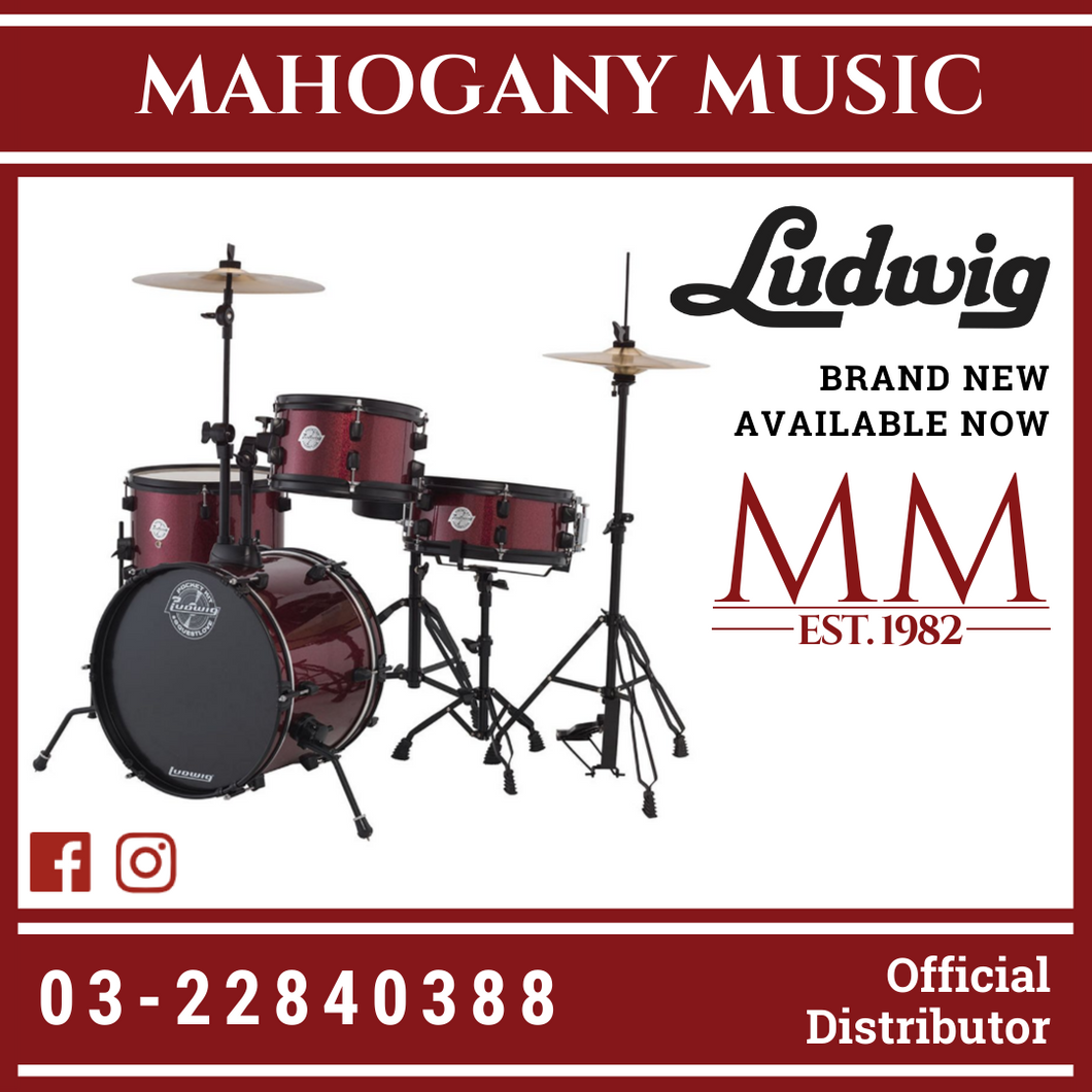 Ludwig LC178X025DIR Pocket Kit 4-Piece Drum Kit w/Hardware+Cymbals, Wine Red Sparkle (16