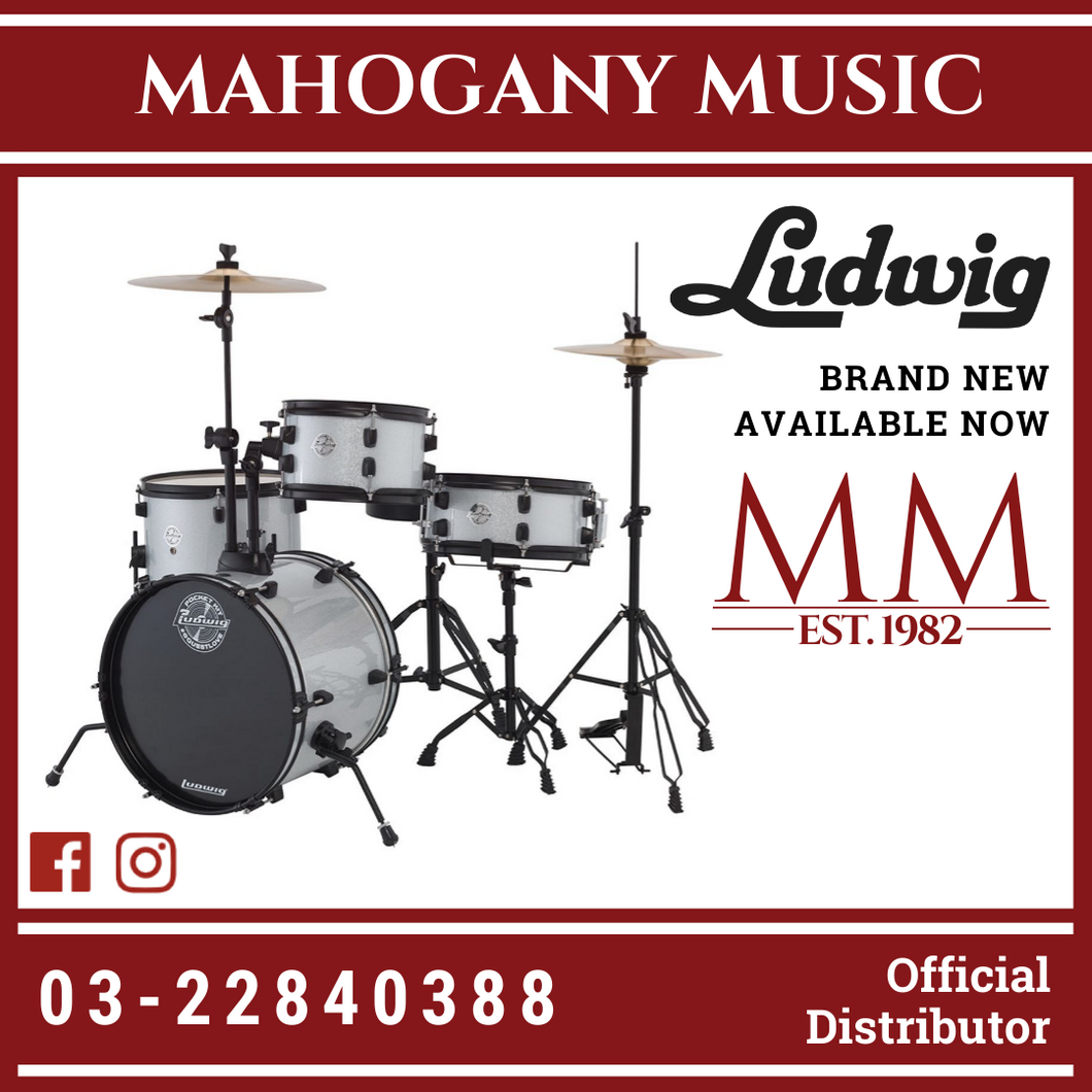 Ludwig LC178X029DIR Pocket Kit 4-Piece Drum Kit w/Hardware+Cymbals, White Sparkle (16