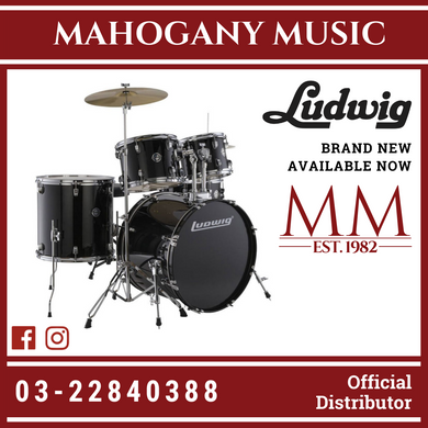 Ludwig LC19011 Accent Fuse 5-Piece Drums Set w/Hardware+Throne+Cymbal, Black Sparkle (20x16 BD / 14x14 FT / 12x8 TT / 10x8 TT / 14x5 SD)