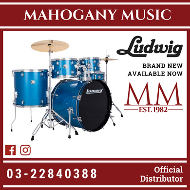 Ludwig LC19019 Accent Fuse 5-Piece Drums Set w/Hardware+Throne+Cymbal, Blue Sparkle (20x16 BD / 14x14 FT / 12x8 TT / 10x8 TT / 14x5 SD)