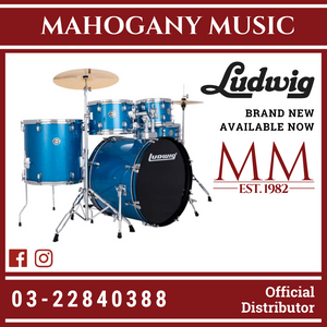 Ludwig LC19019 Accent Fuse 5-Piece Drums Set w/Hardware+Throne+Cymbal, Blue Sparkle (20x16 BD / 14x14 FT / 12x8 TT / 10x8 TT / 14x5 SD)