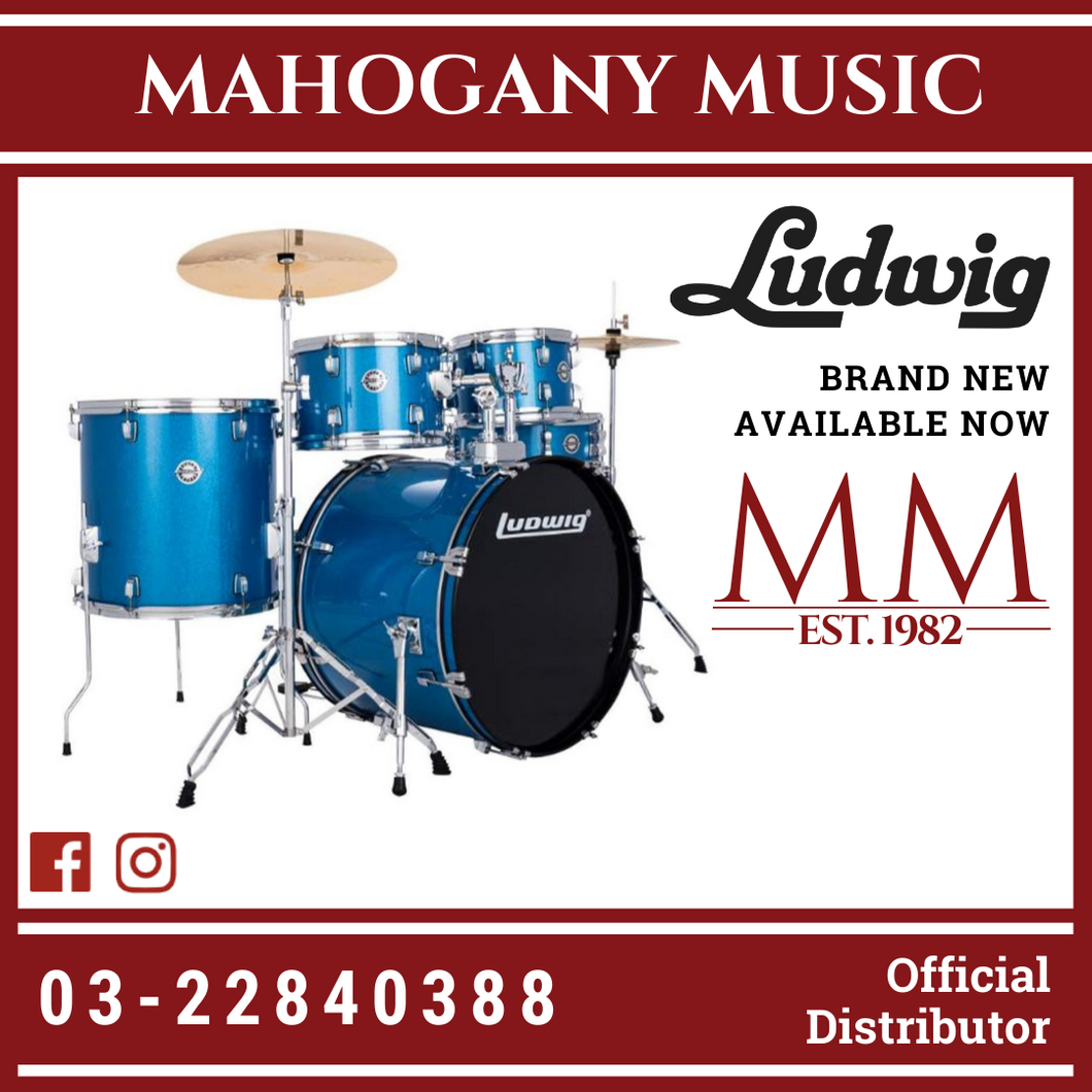 Ludwig LC19019 Accent Fuse 5-Piece Drums Set w/Hardware+Throne+Cymbal, Blue Sparkle (20x16 BD / 14x14 FT / 12x8 TT / 10x8 TT / 14x5 SD)