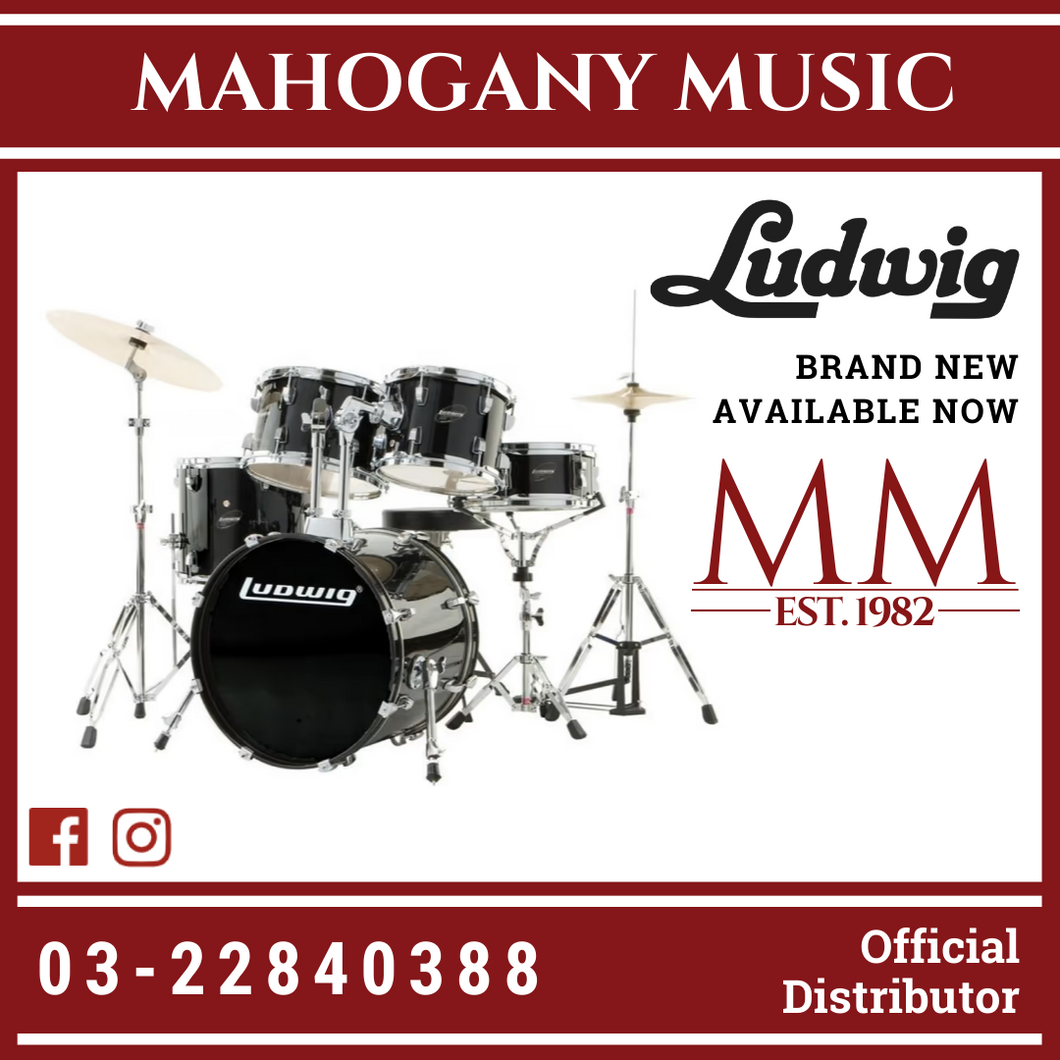 Ludwig LJR1061DIR 5-Piece Junior Drum Kit w/ Hardware+Throne+Cymbal, Black (16x10 BD+13x10 FT+8x5 TT+10x5 TT+12x4 SD)