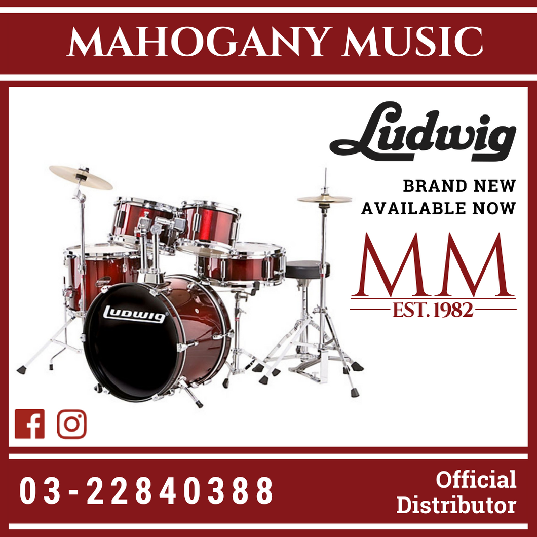 Ludwig LJR1064DIR 5-Piece Junior Drum Kit w/ Hardware+Throne+Cymbal, Wine Red (16x10 BD+13x10 FT+8x5 TT+10x5 TT+12x4 SD)